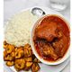 White rice, plantain, chicken stew